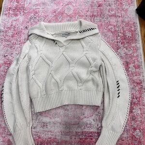 Anthropologie Cream Cable Knit v Collar Sweater
